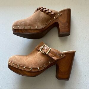 Vince Camuto Crashell  Wooden heel Buckle Clog Brown Suede Women's Clogs